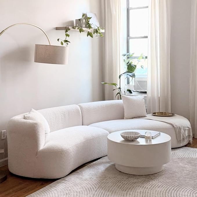 Acanva Modern Curved Sectional Living Room Couch, Minimalist Comfy Boucle Fabric Modular Sofa for Apartment, Home Office, 114" W Right Hand Facing, White