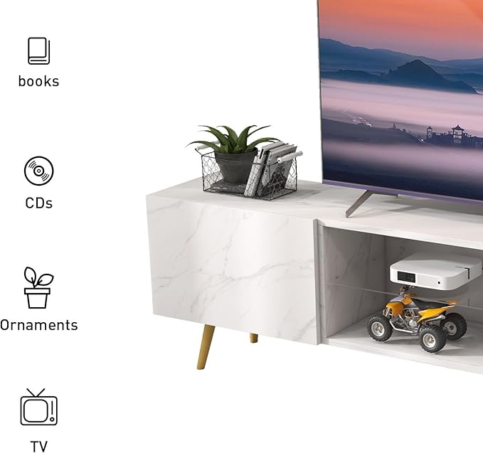 Bonzy Home 86" LED TV Stand, Modern Entertainment Center up to 75" TV, Television Console Table with Storage Cabinets for Living Room, White Marble