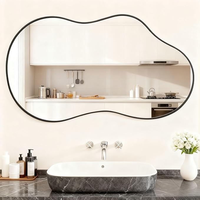 Itrue 26x46 Inch Black Framed Irregular Tempered Glass Wall Mirror, Asymmetrical Vanity Mirror for Bathroom, Bedroom, Entryway
