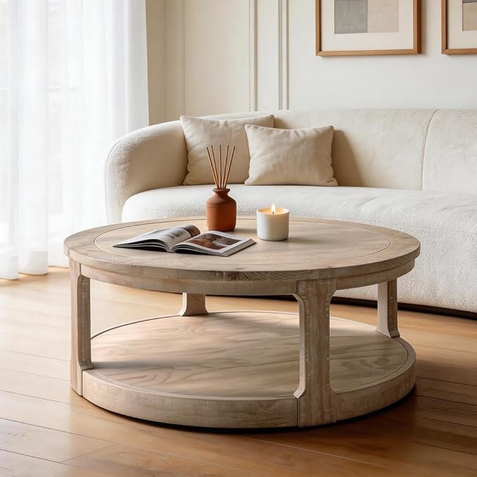 WILLIAMSPACE 40" Round Coffee Table with Wheels, Circle 2 Tier Solid Wood Center Coffee Table, Mid Century Retro Farmhouse Rounded End Table for Living Room Apartment, ø40 x 17.52" H (Oak)