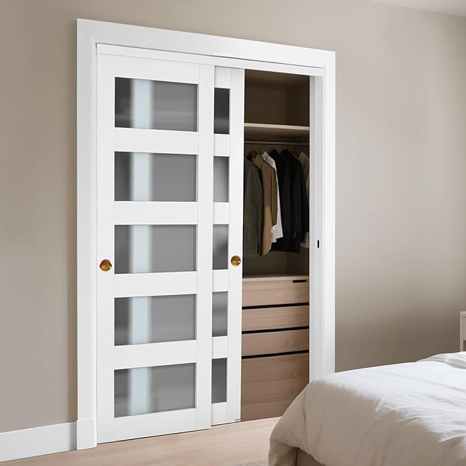 VEVOR Sliding Closet Door, 48" (Double 25") x 80", 5-Lite Frosted Glass with Hardware Kit & Floor Guide, Solid Wood & MDF Slab with Waterproof PVC Surface, Pre-Drilled Doors Panel, Need to Assemble