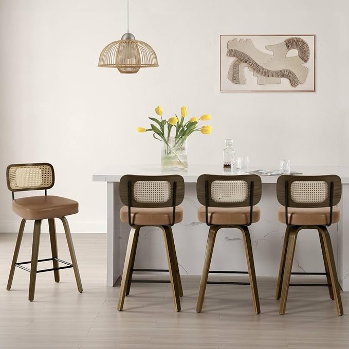 Bekrvio Swivel Bar Stools Set of 4, Upholstered Faux Leather Barstools with Rattan Back, 29" Seat Height Bar Chairs for Kitchen Island, Bentwood Wood Frame, Brown