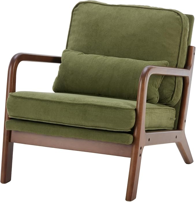 DUMOS Mid Century Accent Chair, Modern Living Room Chairs with Arms and Waist Cushion, Reading Chairs for Adults, Lounge Chair for Bedroom, Solid Wooden Frame, Classic Green