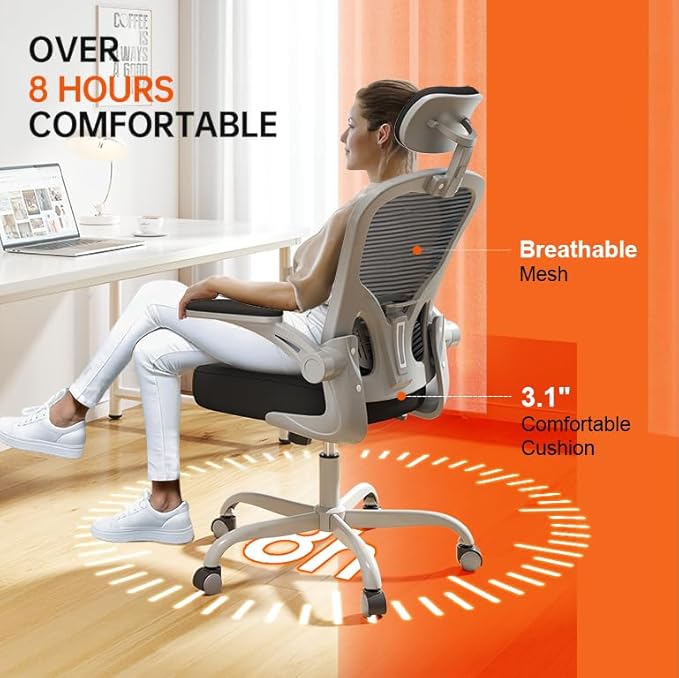 Office Chair Ergonomic Desk Chair, 330LBS Capacity, High Back Computer Design for Long Hours Comfort, Rolling Swivel for Home Office, Flip-up Armrests, Grey Black