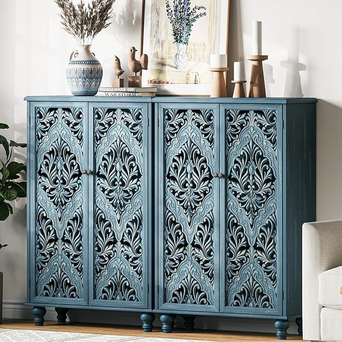 JOINICE 47" Tall Accent Cabinet with Navy Blue Mandala Carved Doors, Solid Wood Legs Storage Cabinet with 100 lbs Capacity, Boho Farmhouse Sideboard Buffet for Entryway, Living Room & Coffee Bar