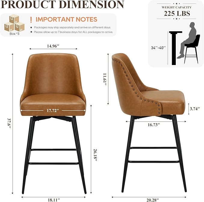 MALOL Bar Stools Set of 6, 26" Swivel Counter Height Chairs with Back,Thick Padded Seat & Footrest,Modern Faux Leather Barstool for Kitchen Island,Dining Room,Pub,Brown