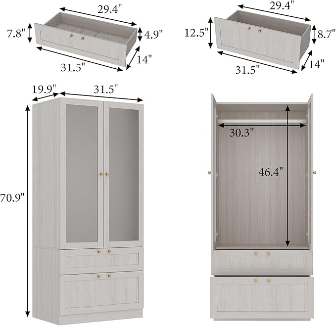 MOUMON 70.9" Wardrobe with Frosted Glass Doors & 2 Drawers, Armoire Closet with Hanging Rod, for Bedroom 31.5”W x 19.7”D x 70.9”H