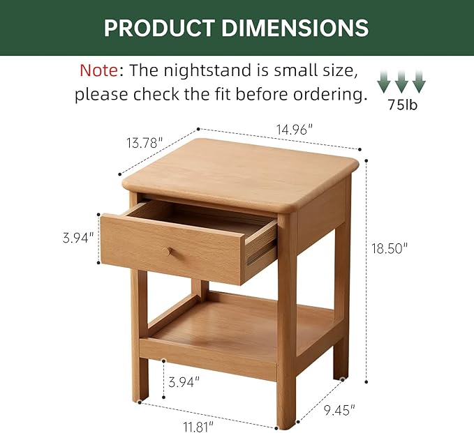 Wood Side Table Set of 2, Small Wooden Bedside Table with Drawer and Open Storage, Wooden Night Stand for Bedroom, Living Room, Natural, 18.5" H