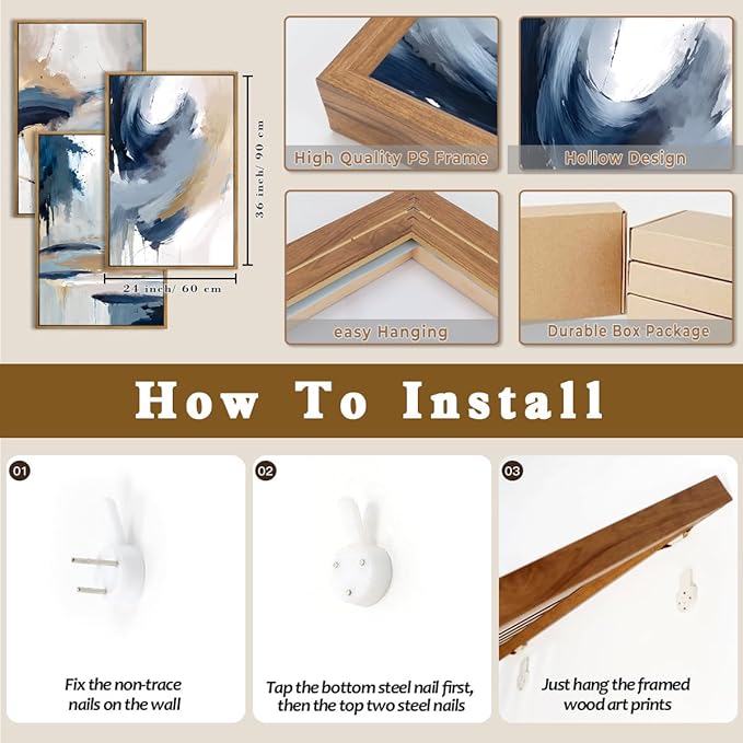 Anyzal Extra Large Blue Abstract Wall Art Framed 24x36 Inch Neutral Modern Canvas Wall Decor Minimalist Pastel Artwork for Living Room Bedroom Dining room Set of 3