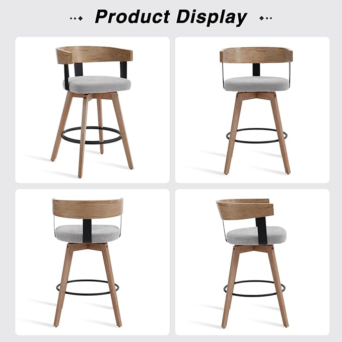 DUOMAY Modern Grey Linen Upholstered 360-Degree Swivel Bar Stool Set of 3 - 26" Counter Height with Footrest & Backrest - Ideal for Kitchen Island & Home Bar