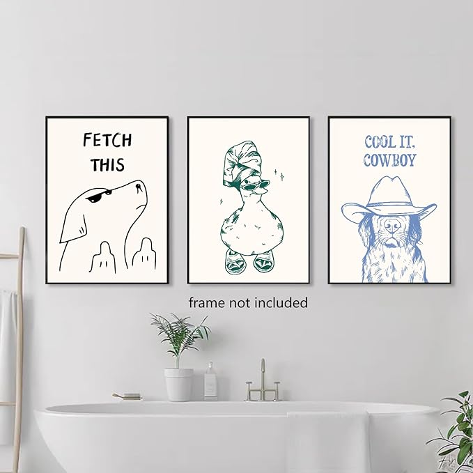 Funny Animal Bathroom Wall Art Set of 3, Cute Funky Dog and Duck Canvas Prints Posters, Simple Fashion Modern Farmhouse Animals Picture for Kids Room Dorm Living Room Wall Decor 12x16 Inch Unframed