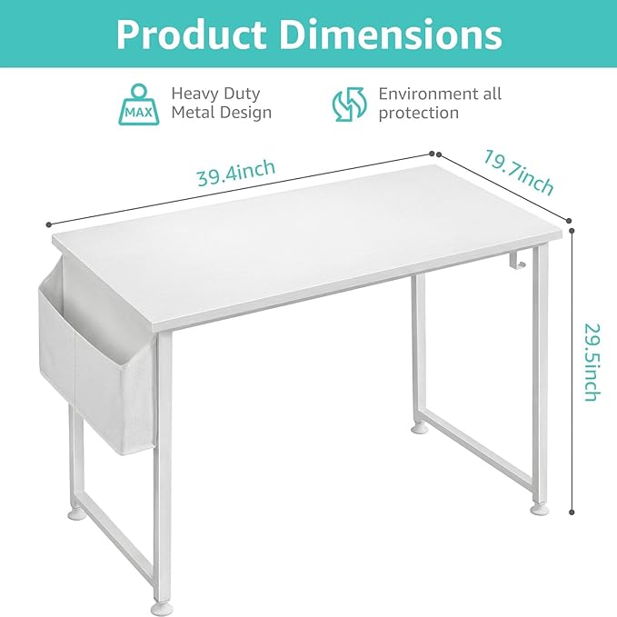 Lufeiya White Computer Desk for Bedroom - 40 inch Simple Modern Study Table Kid Girls Student Home Office Writing Desk, White