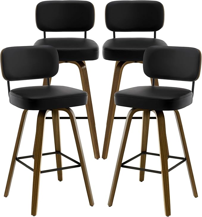 Bekrvio Swivel Bar Stools Set of 4, 29" Upholstered Faux Leather Barstools with Back and Bent Wood Legs, Mid Century Modern Bar Chair Island Stool for Kitchen Counter, Black