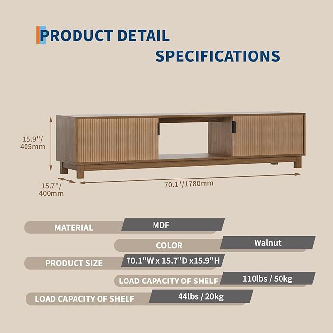 GarveeHome 70" Long TV Stand for Living Room, Mid Century Modern Entertainment Centerfor TVs Up to 75 Inches, TV Console with Fluted Doors & Open Storage Compartment for Livingroom Bedroom- Walnut