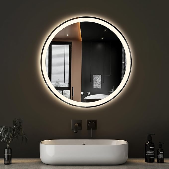 NEWBULIG 24 Inch Round LED Bathroom Wall Mirror with Lights, Light up Vanity Bathroom Mirror for Over Sink, Anti-Fog and Dimmable, Front Light and Backlit, Memory Function, Shatter-Proof, White