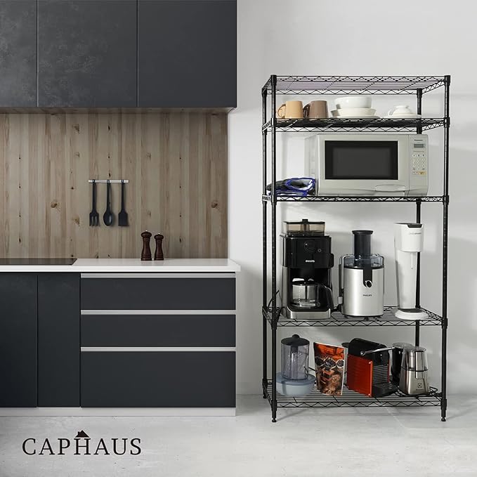 CAPHAUS 3/4/5-Tier Adjustable Height Wire Shelving Unit, Wire Rack Shelving, Metal Steel Storage Shelves, Garage Shelving Storage Organizer, Utility Storage Shelf, 5-Tier Without Wheels, Black