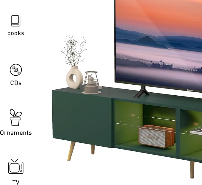 Bonzy Home 86" LED TV Stand, Modern Entertainment Center up to 90" TV, Television Console Table with Storage Cabinets for Living Room, Dark Green