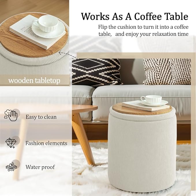YSICK Round Ottoman with Storage, Set of 2, Small Vanity Stool as Vanity Chair, Corduroy Ottoman Foot Rest for Small Space, Living Room, Bedroom, Beige
