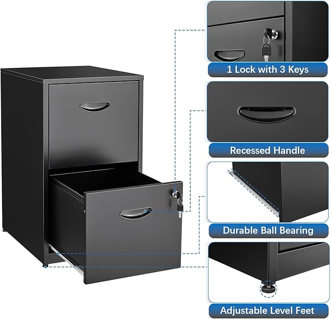 Polup 2 Drawer File Cabinet with Lock, Metal File Cabinets for Home Office, Two Drawer Locking Filing Cabinet, Small File Cabinet for Under Desk for Hanging Letter Size, Black, Assembly Required