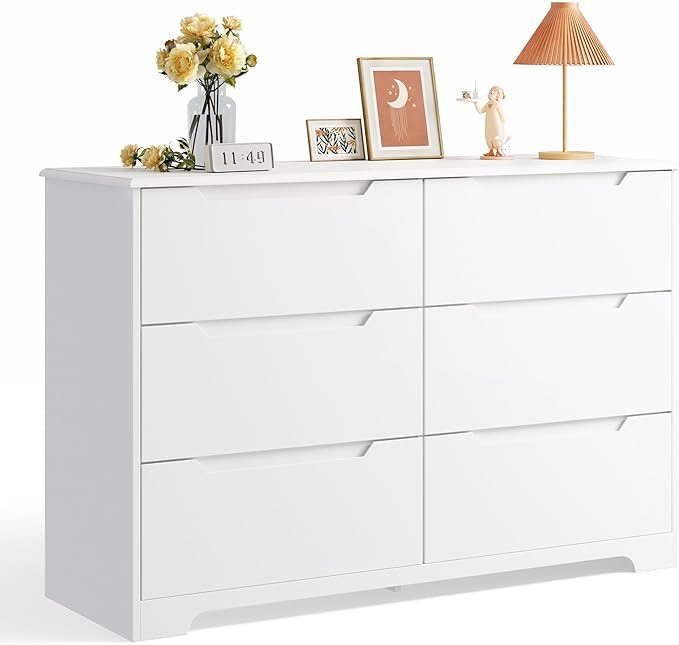 Gizoon 6 Drawer Double Dresser for Bedroom with Anti-Tip Design, Modern Wide Wooden Chest of Drawers with Cut-Out Handles, Closet Storage Organizer and TV Stand for Living Room, Hallway, Entryway