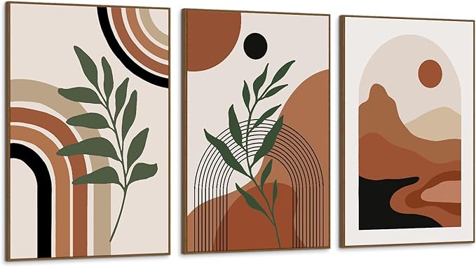 SAFERRYHOME Large Boho Abstract Wall Art, Mid Century Bohemian Wall Decor Framed Canvas Set of 3, Modern Minimalist Artwork Botanical Painting Prints Pictures for Living Room Bedroom Bathroom, 24x36inch