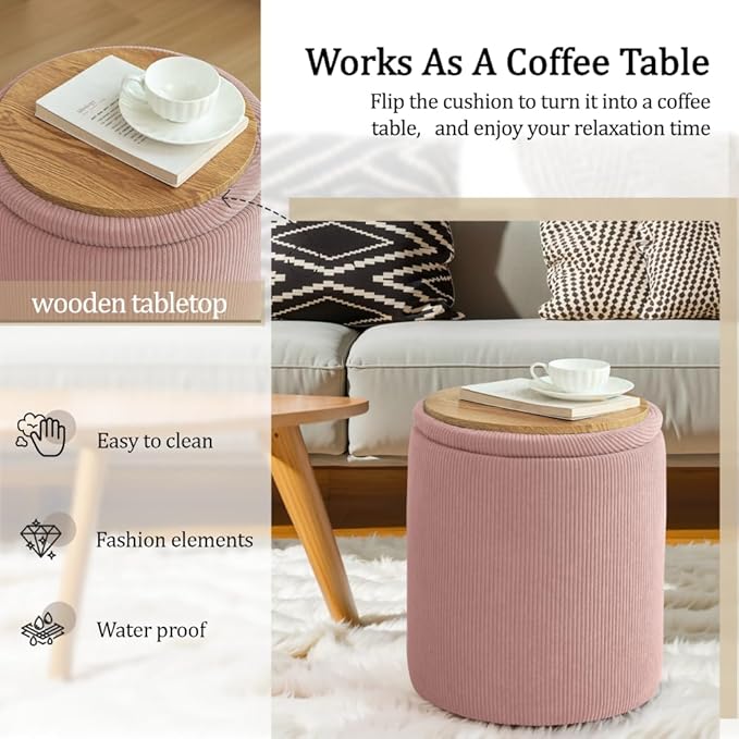 YSICK Round Ottoman with Storage, Set of 2, Small Vanity Stool as Vanity Chair, Corduroy Ottoman Foot Rest for Small Space, Living Room, Bedroom, Pink
