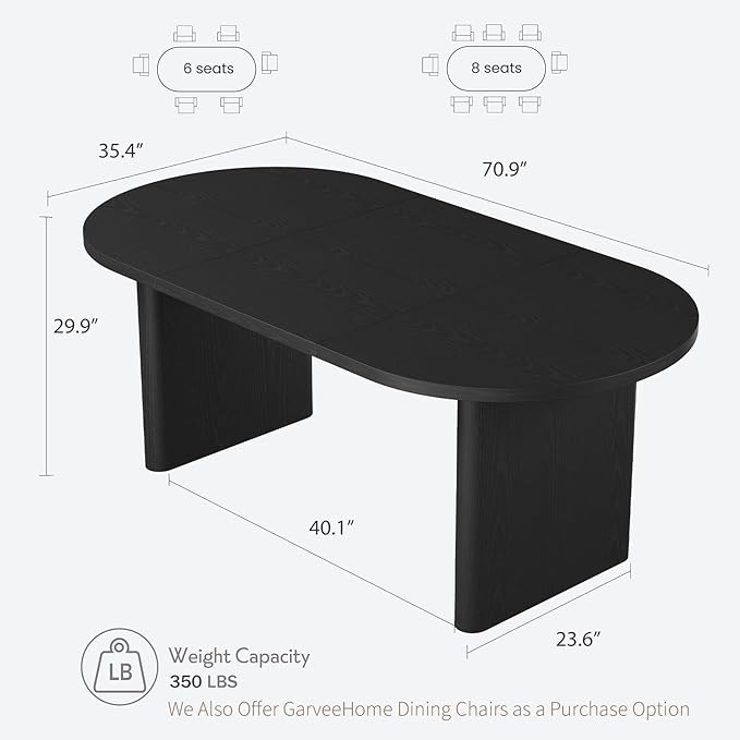 GarveeHome Oval Dining Table for 6-8 People, Long Large Kitchen Table with Thick Sturdy Wooden Base, Farmhouse Dining Room Table for for Kitchen, Living Room, Office (70.87" Long,Black)