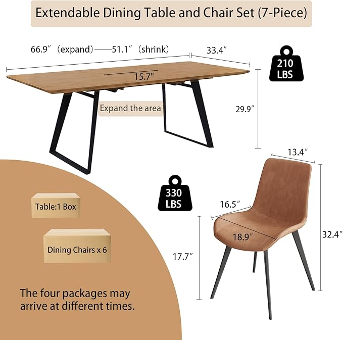 ZckyCine Extendable Dining Table Set for 6, 51–67 Inch Modern Dining Table with 6 PU Leather Chairs, Light Walnut Rectangular Expandable Kitchen Table with Metal Legs