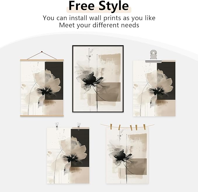 Modern Abstract Floral Wall Art Minimalist Neutral Canvas Painting Decor Beige Cream And Black Wall Art Contemporary Flower Picture Prints for Living Room Bedroom 12x16 Inch Unframed Set of 2