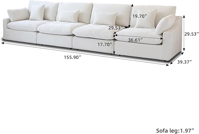 Modular Sectional Sofa Cloud Couch, 155.9" Oversized 4 Seater Sofa Couch with Pillows, Linen Blend Fabric Minimalist Deep Seat Couches for Living Room, Sofa Covers Washable&Removable, White