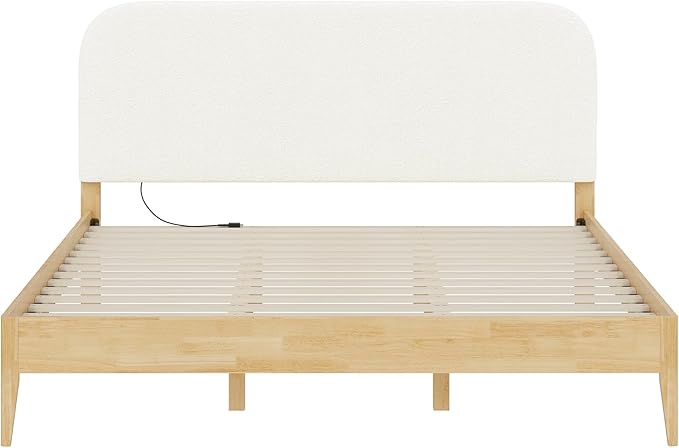 KISLOT Wood Bed Frame with USB & Type-C Charging, Boucle Platform Bed with Upholstered Headboard Mattress Foundation No Box Spring Needed Easy Assembly