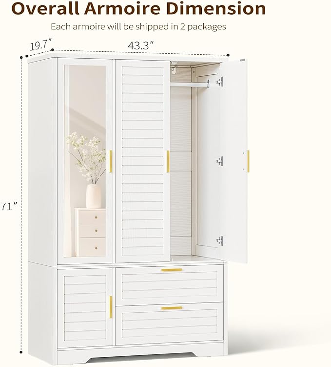 Armoire Wardrobe Closet with Mirror - 71“ Wood Clothing Storage Cabinet, Wardrobe Closet with Doors & 2 Drawers, Freestanding Bedroom Armoires and Wardrobes for Hanging Clothes, 3 Doors, White