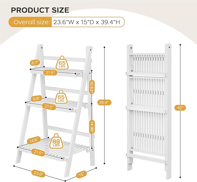 oakvivo Bamboo Bookshelf 3-Tier Ladder Shelf, 39.4” Freestanding Open Bookcase Book Shelf Bathroom Storage Shelf Unit Plant Stand for Small Space, Living Room, Bedroom, Home Office, White