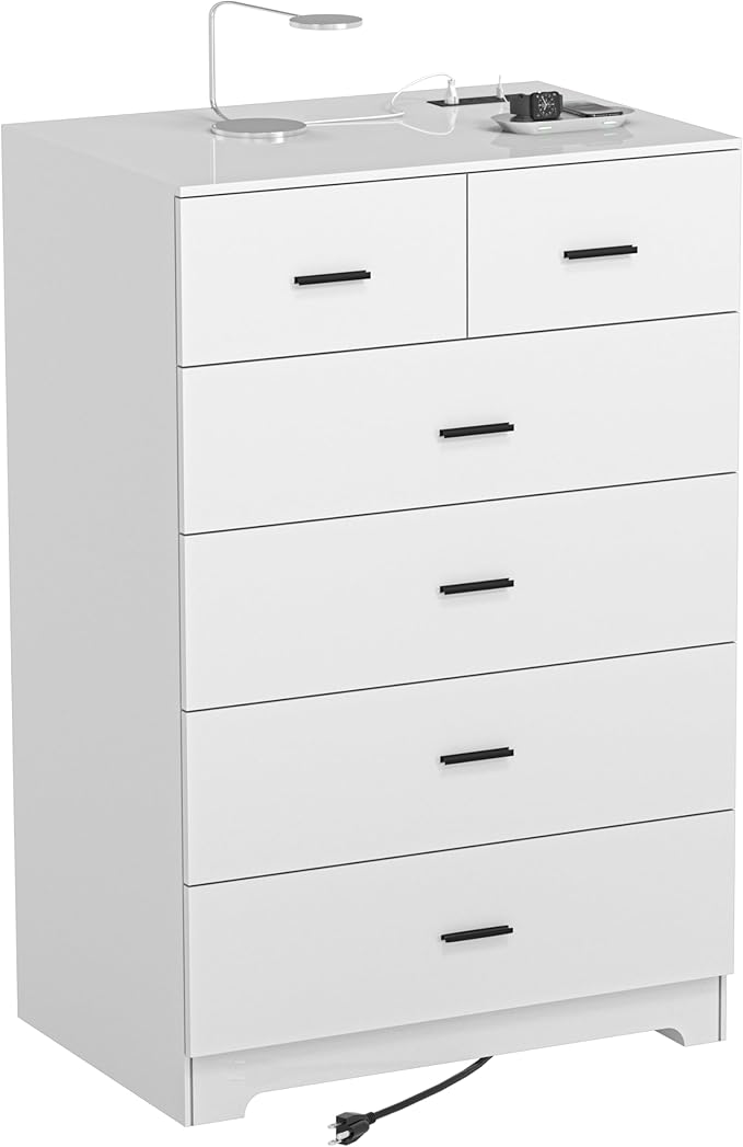 FJTJBSI Dresser with Power Outlets Wooden 6 Drawer Dresser with Large Organizer White Tall Storage Organizer with Smooth Metal Rail Modern Chest of Drawers Closet for Bedroom Hallway