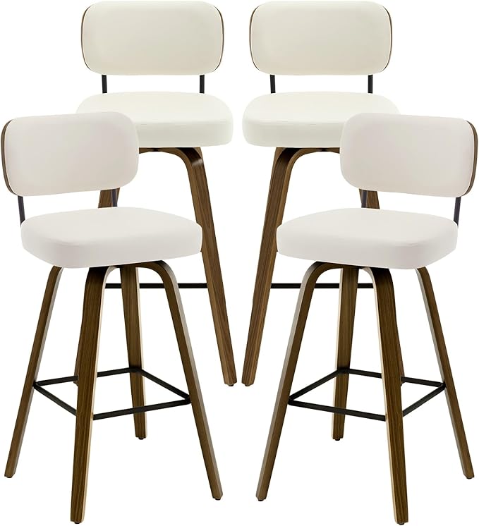 Bekrvio Swivel Bar Stools Set of 4, 29" Upholstered Faux Leather Barstools with Back and Bent Wood Legs, Mid Century Modern Bar Chair Island Stool for Kitchen Counter, Cream White