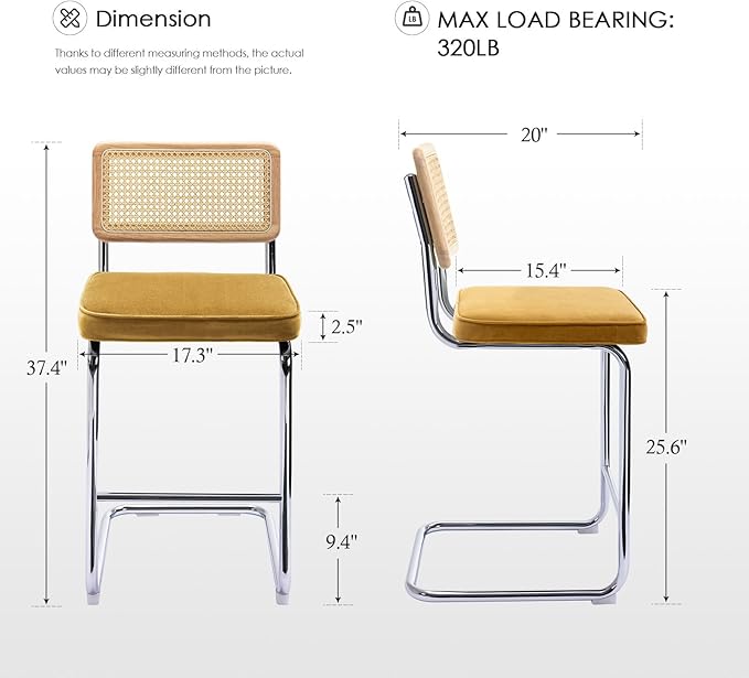 Zesthouse Natural Rattan Counter Stools Set of 4, 26" Modern Bar Stools with Solid Wood Back & Chrome Base, Yellow Velvet Counter Height Barstools, Mid Century Cantilever High Chair for Kitchen Island