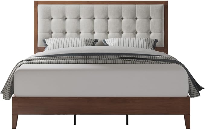Jocisland Solid Wood Full Size Bed Frame 50.2" Tall Upholstered Headboard, Mid-Century Style, Stable Platform Support, No Box Spring Needed, Walnut