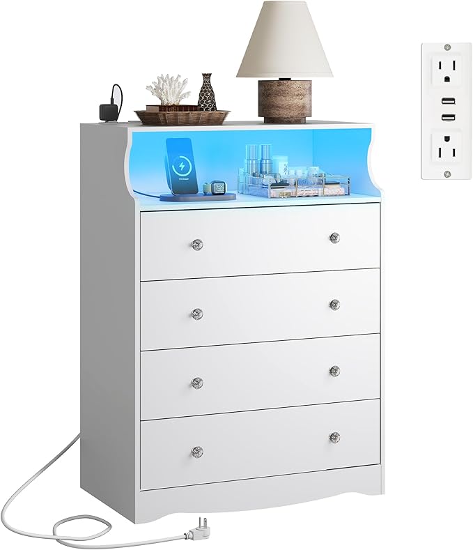 WLIVE White LED Dresser for Bedroom, Tall Wood Dresser with 4 Drawers and Open Shelf, Chest of Drawers with Power Outlet for Living Room, Hallway, Closet