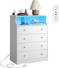 WLIVE White LED Dresser for Bedroom, Tall Wood Dresser with 4 Drawers and Open Shelf, Chest of Drawers with Power Outlet for Living Room, Hallway, Closet