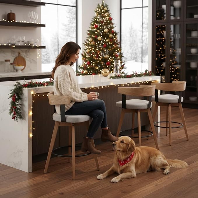 DUOMAY Modern Grey Linen Upholstered 360-Degree Swivel Bar Stool Set of 3 - 26" Counter Height with Footrest & Backrest - Ideal for Kitchen Island & Home Bar
