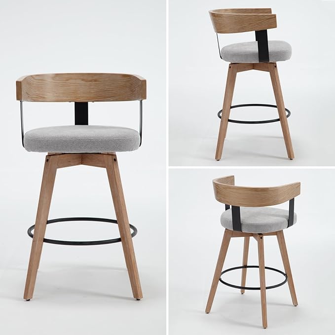 DUOMAY Swivel Bar Stools Set of 1, 26" Counter Height Bar Stool with Footrest Modern Wood Barstool with Linen Upholstered Seat Counter Stools for Kitchen Island Home Bar, Grey