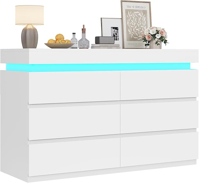 HAUOMS 6 Drawer Dresser with LED Light, White Modern Chest of Drawers for Bedroom,Closet Dressers with Drawers for Living Room, Entryway, Hallway