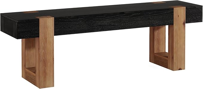 55" Solid Wood Dining Bench, Farmhouse Wooden Entryway Bench, End of Bed Bench, Indoor Bench Seat for Bedroom, Dining Room, Kitchen, Hallway, Black & Brown