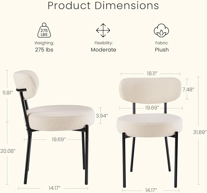 DUMOS Dining Chairs Set of 6, Mid Century Modern Chair Round Upholstered Curved Backrest, Kitchen Vanity Living Room Chairs with Black Metal Legs，Classic Beige