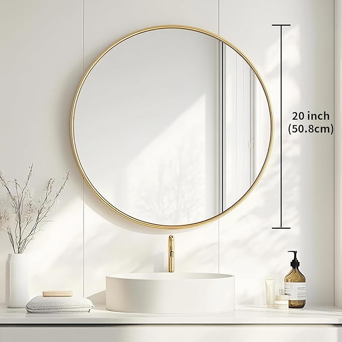 Oruii Gold Circle Mirror, 20 inch Gold Round Mirror, Circular Wall Mirrors Golden Metal Frame, Round Wall Mirrors for Living Room, Bedroom, Bathroom, Hallway, Rustic, Vanity (Brass)