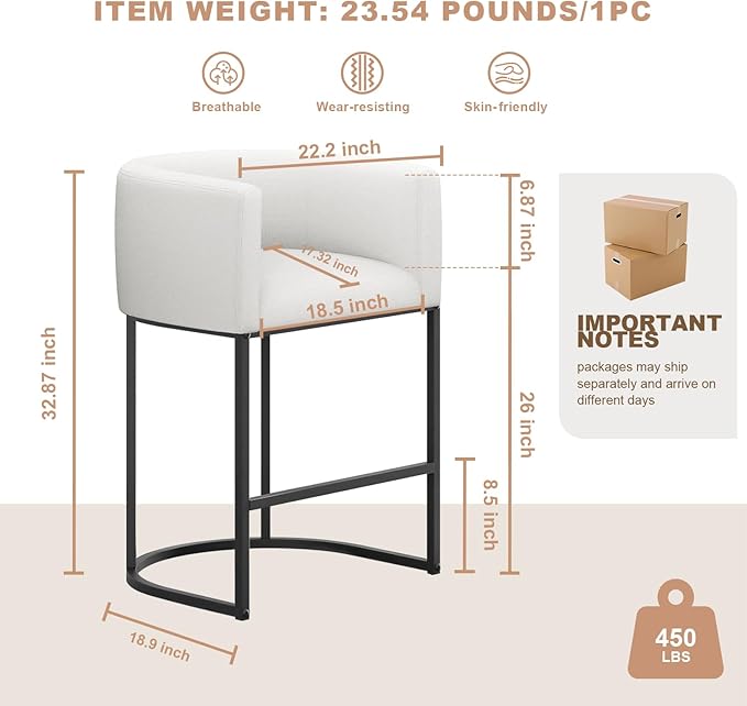 26" H Counter Height Bar Stools Set of 1, Modern Barrel Counter Stools with Backrest and Arms, Linen Fabric Upholstered Accent Barstools for Kitchen Island,Support 450 LBS (White)