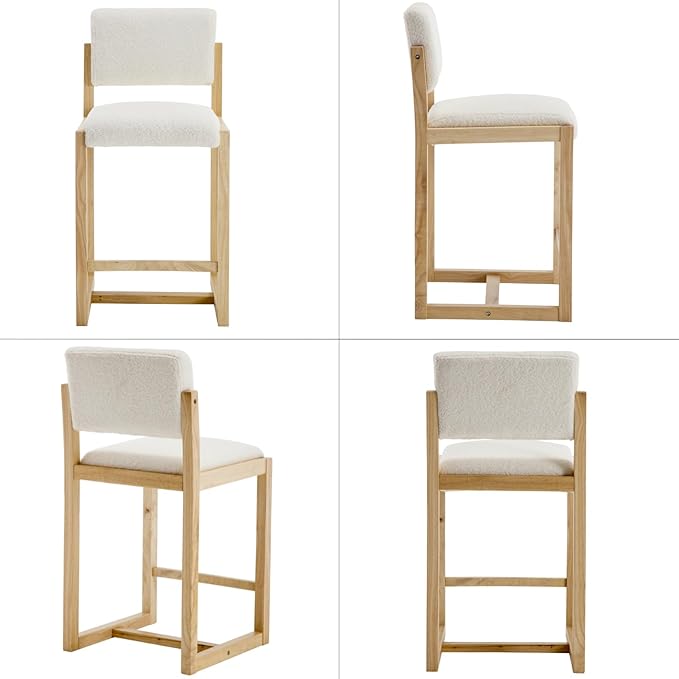 DUOMAY Modern Bar Stools Set of 4, 26" Counter Height Barstools, Sherpa Upholstered Kitchen Island Chair with Light Walnut Color Wood Legs for Home, White