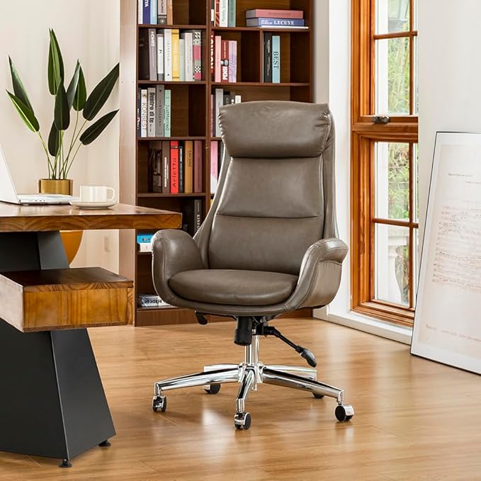 Glitzhome Mid-Century Modern PU Leather Adjustable Swivel High Back Office Chair, Adjustable Task Chair with Lumbar Back Support Executive Swivel Chair(Grey)