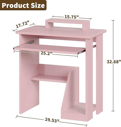 ALISENED 30" Small Computer Desk with Keyboard Tray Monitor Stand, Study Writing Desk with Storage Shelves, Modern Workstation for Small Spaces, Save Space, Pink