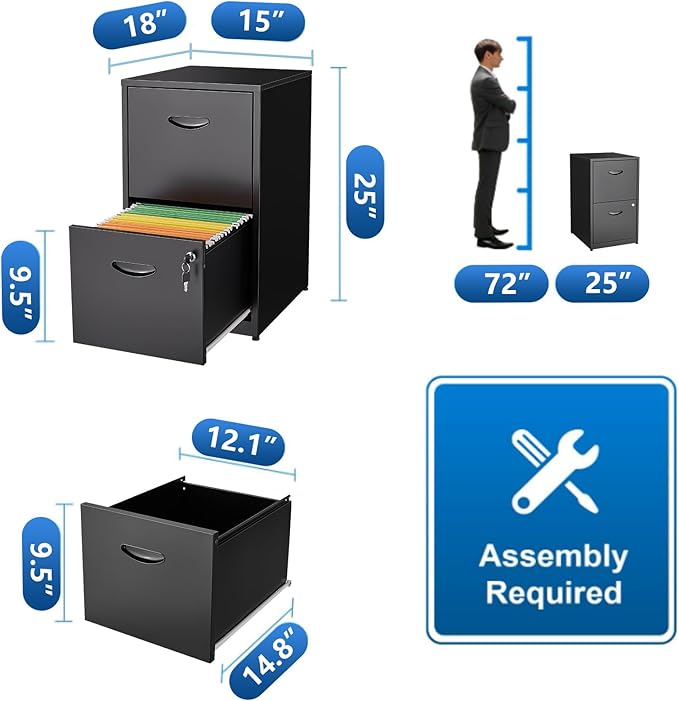 Polup 2 Drawer File Cabinet with Lock, Metal File Cabinets for Home Office, Two Drawer Locking Filing Cabinet, Small File Cabinet for Under Desk for Hanging Letter Size, Black, Assembly Required